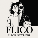 Flico fashion logo showing a transformation from plain to polished styling in bold black and white contrast