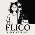 Flico fashion logo showing a transformation from plain to polished styling in bold black and white contrast