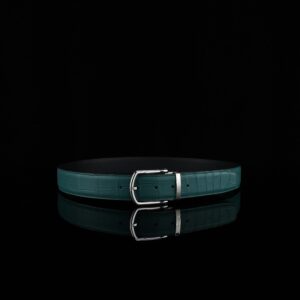 Sleek green leather belt displayed on a dark reflective surface.
